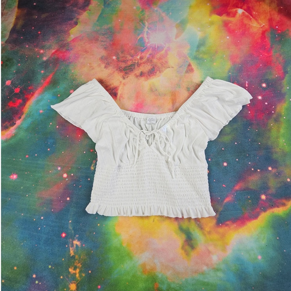 White Corduroy Smocked‎ Ruffle Tie Front Square Top